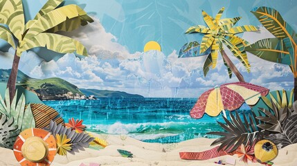 Fototapeta na wymiar Craft a summer vacation-themed paper collage, blending unusual and trendy elements into a captivating art design.