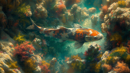 A colorful Koi carp swims through a coral reef. Muted tones. High quality illustration