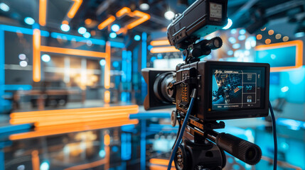 Modern video camera with a digital display recording an interview in a TV show studio. Blurry background. Mass media, television, and technology concepts. Behind the scenes of making of movie and TV.