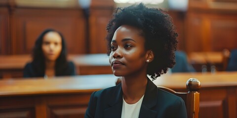 A Black female lawyer zealously advocates for defendants' rights in court before a judge and jury. Concept Lawyer, Advocacy, Defender, Justice, Courtroom - obrazy, fototapety, plakaty