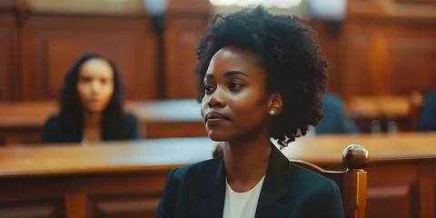 Gardinen A Black female lawyer zealously advocates for defendants' rights in court before a judge and jury. Concept Lawyer, Advocacy, Defender, Justice, Courtroom © Anastasiia
