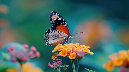 A close-up of a butterfly perched on a freshly bloomed flower.