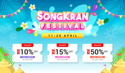 Songkran festival coupon template vector illustration. Thai New Year Holidays Sale - obrazy, fototapety, plakaty