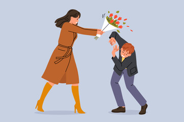 Woman hits groom with bouquet because of betrayal and finding out fact of adultery. Conflict between man and angry girlfriend, reacting negatively to advances or gifts, after adultery