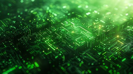 green digital background with circuit board and glowing lights, representing technology and data science in hightech
