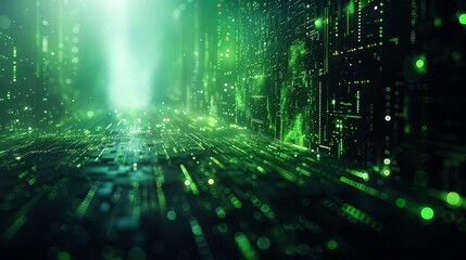 Digital background featuring a matrix of green lights, data flows and code in the style of an abstract digital landscape