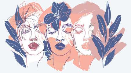 Continuous one line art of women faces flowers and le - obrazy, fototapety, plakaty