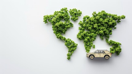A 3D tree or forest shape of the world map on a white background. Earth Day or Environment Day Concept. Green earth with an electric car. Paris Agreement Concept.