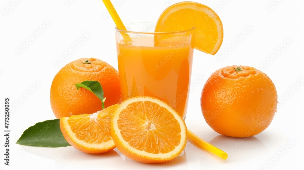 Wall mural Orange juice glass with orange sacs and slices isolated on white.