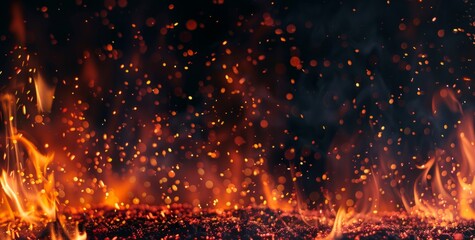 Fire flames with sparks on black background, burning fire texture, flame banner template Generative AI - obrazy, fototapety, plakaty
