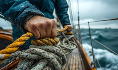 fisherman relaxed moment on a sailboat, hands coiling a rope, details of the weathered deck and the sea beyond