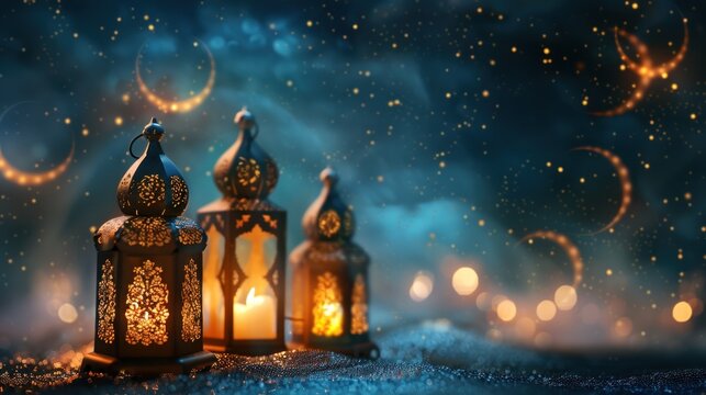 Postcard for the holiday Eid al adha. Moon and stars, lanterns on a dark background