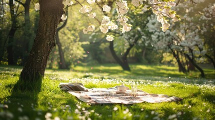 A picnic blanket spread out under a blooming tree with dappled sunlight.