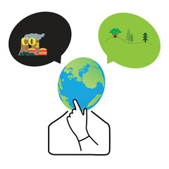 Character of a person with earth globe instead head and two speech bubbles, one with green trees and the other with co2 emissions from factory