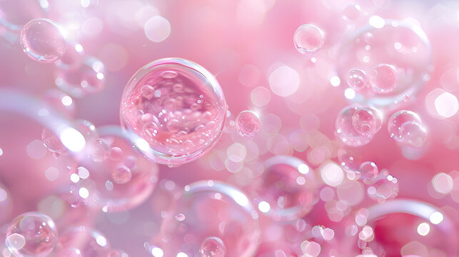 Abstract background made of pink bubbles ,Water soap bubbles on pink background. Depth of field. 3d rendering ,Pink abstract background with glass shining spheres. Backdrop design 
