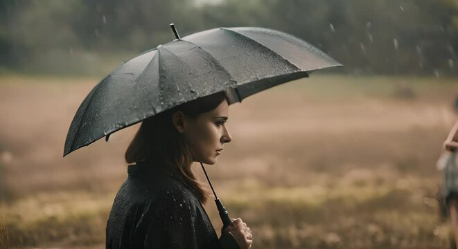 Woman with umbrella at a funeral.