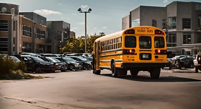 Yellow school bus in the city.