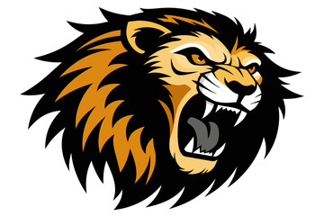 head of lion with open mouth and sharp teeth, isolated on clear white background