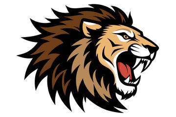 head of lion with open mouth and sharp teeth, isolated on clear white background