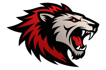 head of lion with open mouth and sharp teeth, isolated on clear white background