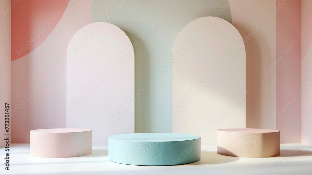 Poster three-dimensional 3d cylinder pedestal podium set in pastel colors and abstract shapes. modern rende