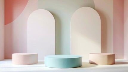 Three-dimensional 3d cylinder pedestal podium set in pastel colors and abstract shapes. Modern...