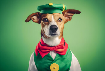 Dog in a whimsical outfit with a green hat and red scarf against a green background.