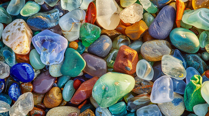 On the beach, a beautiful assortment of colorful gemstones, green and blue sea glass, and multi-colored pebbles lies scattered, their polished textures glinting in the sunlight. 