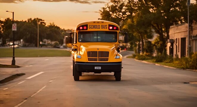 Yellow school bus in the city.