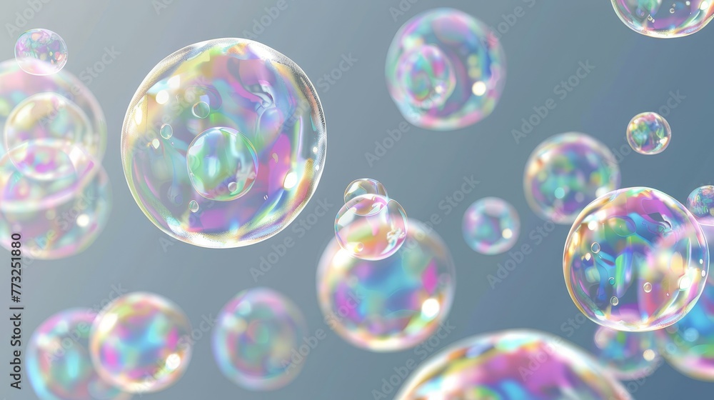 Poster Modern flying soap bubbles on a transparent background. This is a collection of realistic soap bubbles that are located on a transparent background.