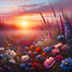 Fototapeta na wymiar beautiful wild flowers against the background of sunrise. flowering field painted with oil paints