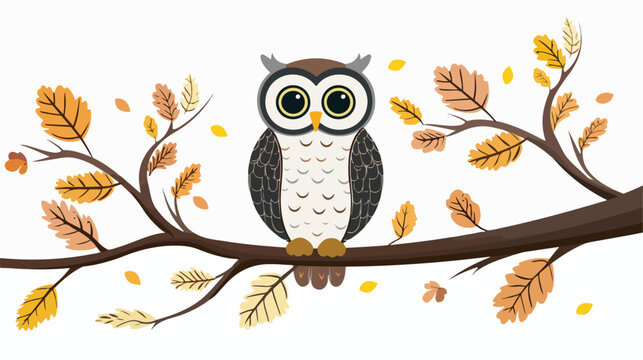 Cute owl in tree flat vector isolated on white background