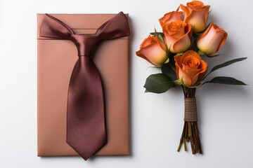Necktie and gift box with flower bouquet