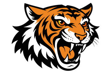 head of tiger with open mouth and sharp teeth, isolated on clear white background