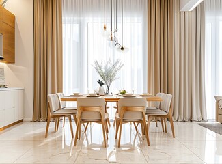 Dining table and chairs in the style of modern living room with white tile floor, beige curtains on the window and sofa near wooden dining set against wall of luxury home interior design