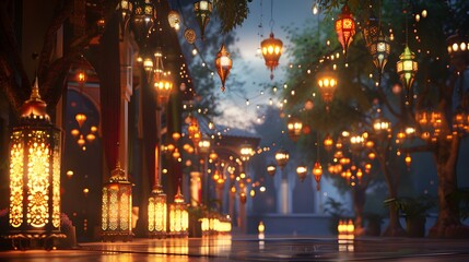 Fototapeta na wymiar Charming ketupat and lantern lights adorned with elegant calligraphy ai image