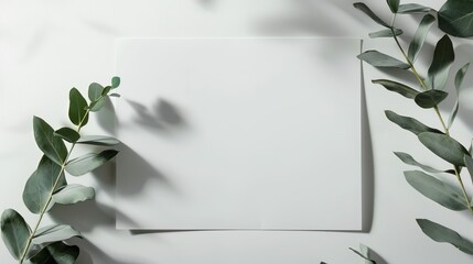 A blank sheet of paper surrounded by green eucalyptus leaves on a white background