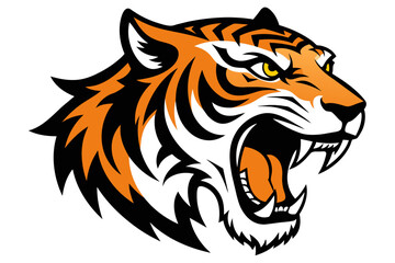 head of tiger with open mouth and sharp teeth, isolated on clear white background