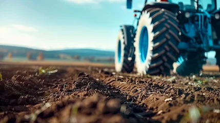 Fotobehang An artistic shot of a tractor's tire tread marks on the soil, symbolizing the mark of technology on agriculture, set against a clean, tech-inspired background, with room for insights © weerasak