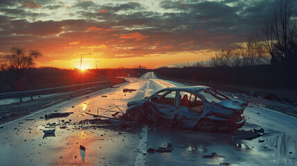 A car crash on a road at sunset paints a somber picture of the perils of driving, offering significant copy space to emphasize - obrazy, fototapety, plakaty