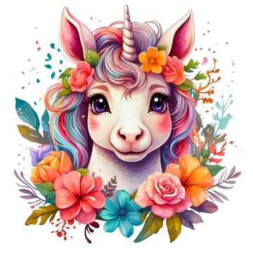 Watercolor illustration portrait of a cute adorable unicorn with flowers on isolated white background.	
