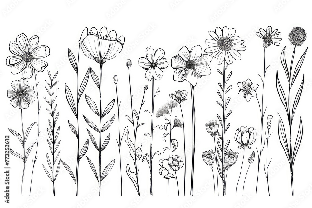 Poster a drawing of a bunch of flowers with a black and white color scheme. the flowers are arranged in a r
