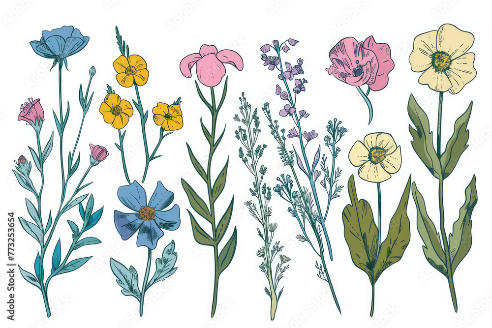 Poster a row of flowers with different colors and sizes. the flowers are arranged in a way that creates a s