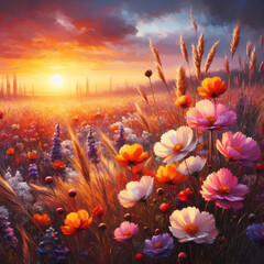 beautiful wild flowers against the background of sunrise. flowering field painted with oil paints