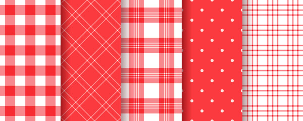 Tablecloth seamless pattern. Gingham red background. Picnic texture. Checkered table cloth. Vintage kitchen print. Set retro tartan wallpapers. Vector illustration. Napkin textile. Color plaid fabric.
