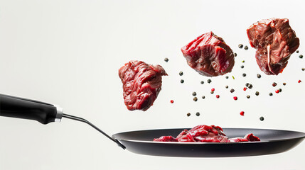 Pieces of meat hover over the frying pan
