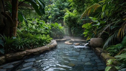 A serene outdoor spa with natural hot springs surrounded by lush greenery.
