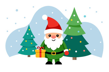 isolated on white clean background, cute smile young fat gnome on snowy January with gift and christ mas tree flad color