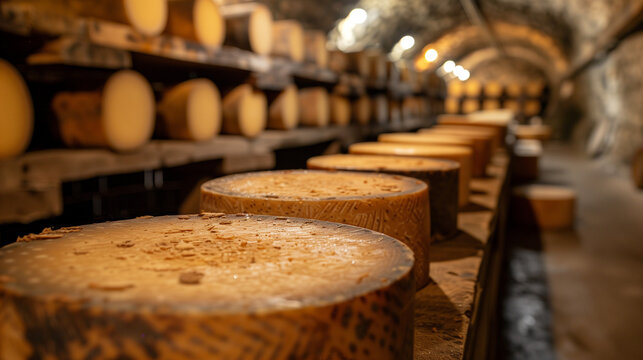 Aged cheese wheel on a wooden table in a traditional cheese cave.