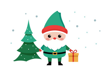 isolated on white clean background, cute smile young fat gnome on snowy January with gift and christ mas tree flad color